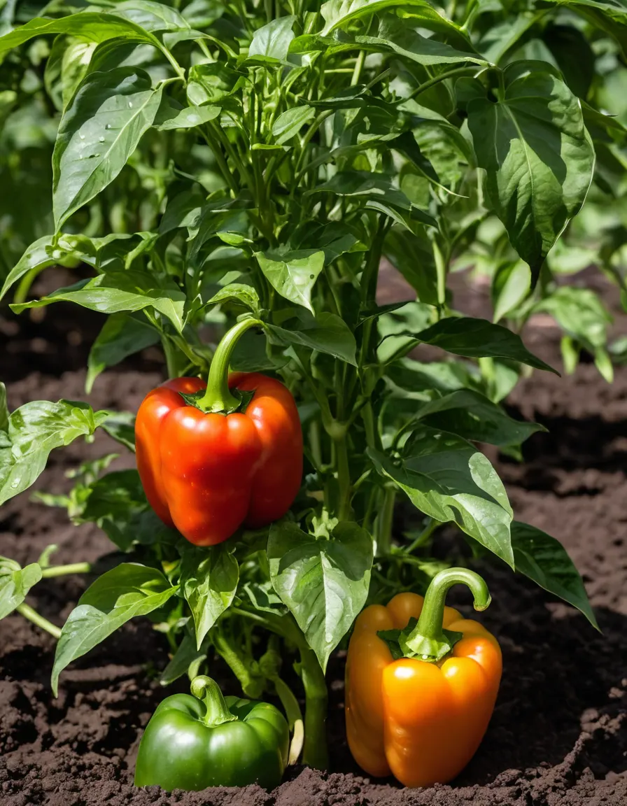 A bell pepper plant with ripening red and green peppers