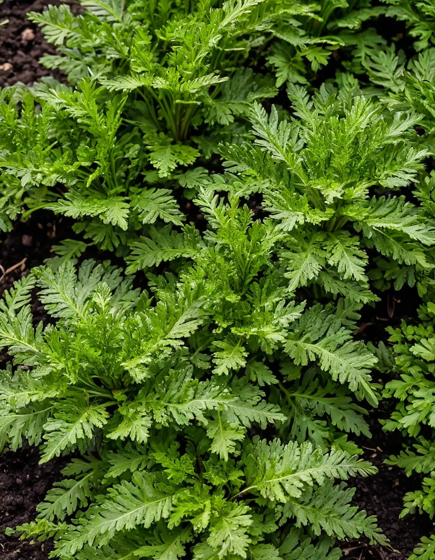 Carrot tops with feathery green foliage growing in soil