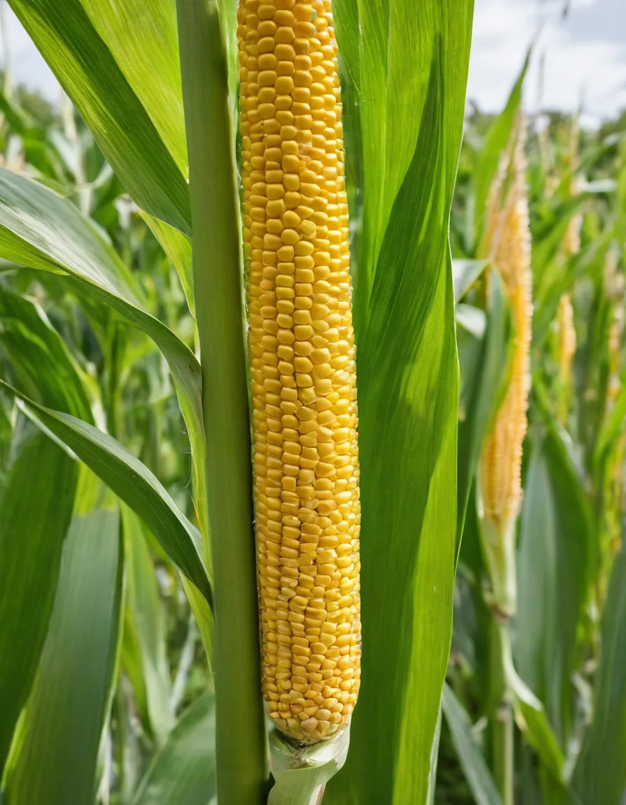 Ripe corn ears on the stalk with husks partially peeled back