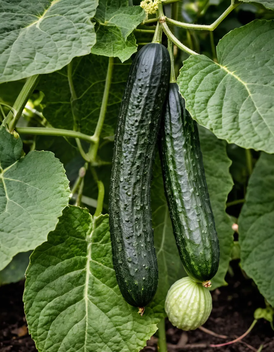 A cucumber vine on a trellis with a ripening cucumber among the leaves