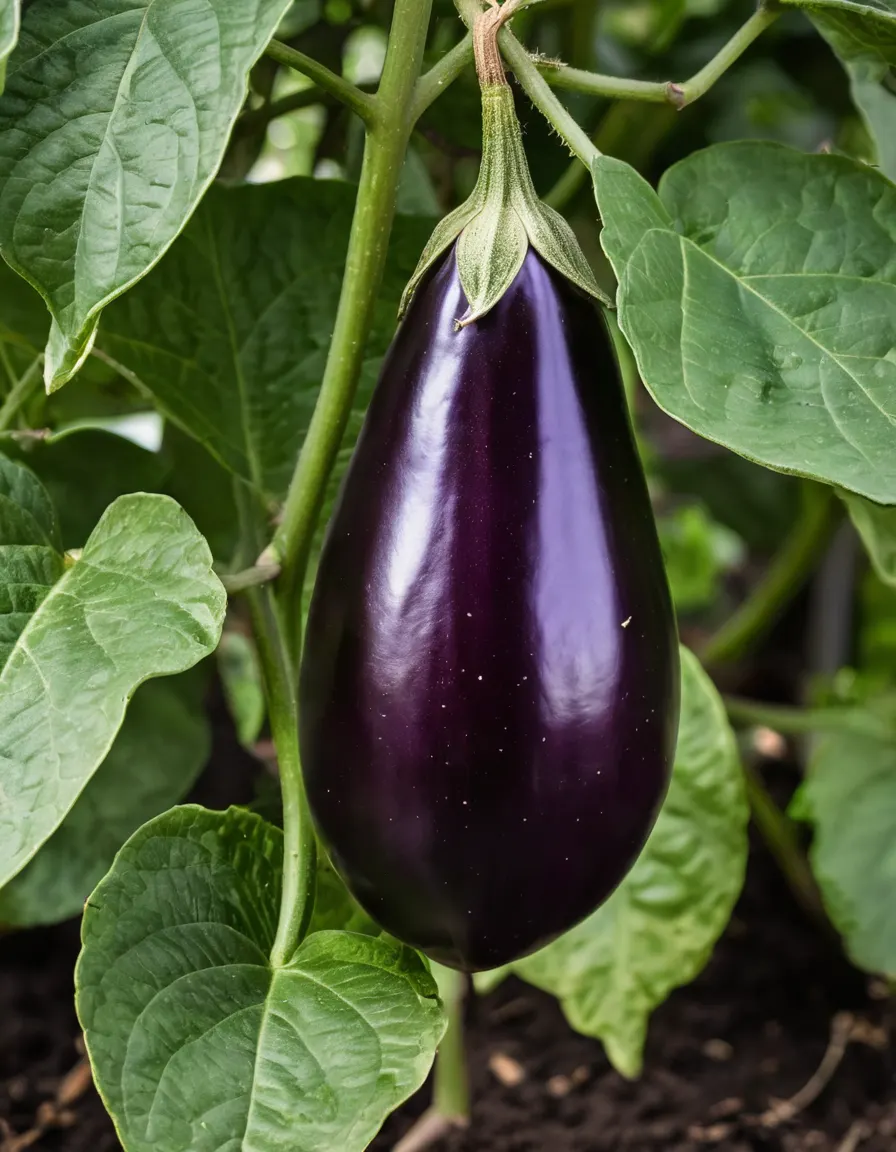An eggplant plant with a ripening purple eggplant