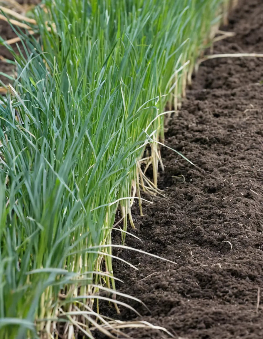 A dense row of young garlic plants with flat blue-green strappy leaves growing in soil