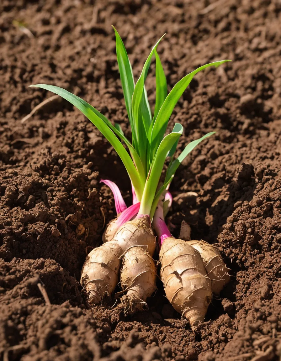 Freshly harvested ginger rhizomes with pink shoots on dark soil
