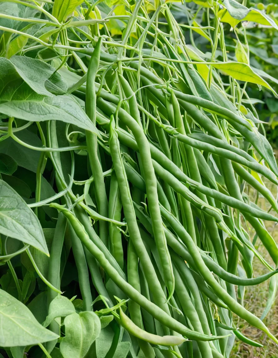 Green bean plants with clusters of slender pods growing in a garden row