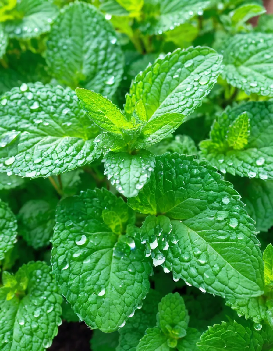Fresh mint leaves growing on the plant in bright natural light