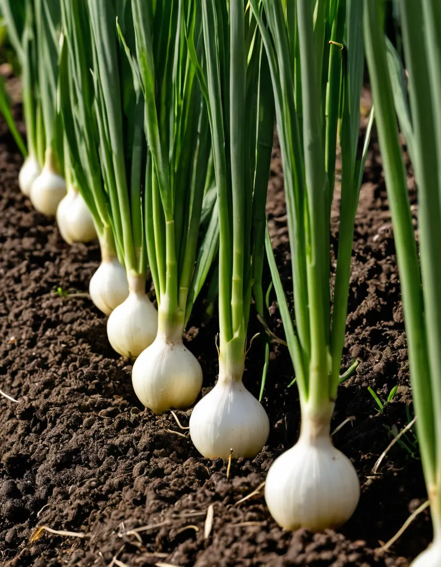 A row of scallions with white bulbs and tall green stalks growing in soil