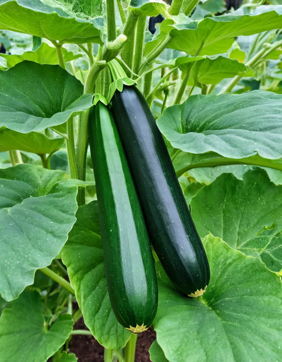 A zucchini plant with large green leaves and several ripening dark green zucchini fruits.