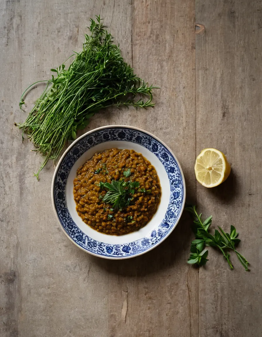 A bowl of braised red lentils with lemon and herbs