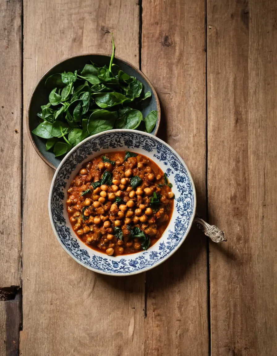 A bowl of chana masala with chickpeas and spinach