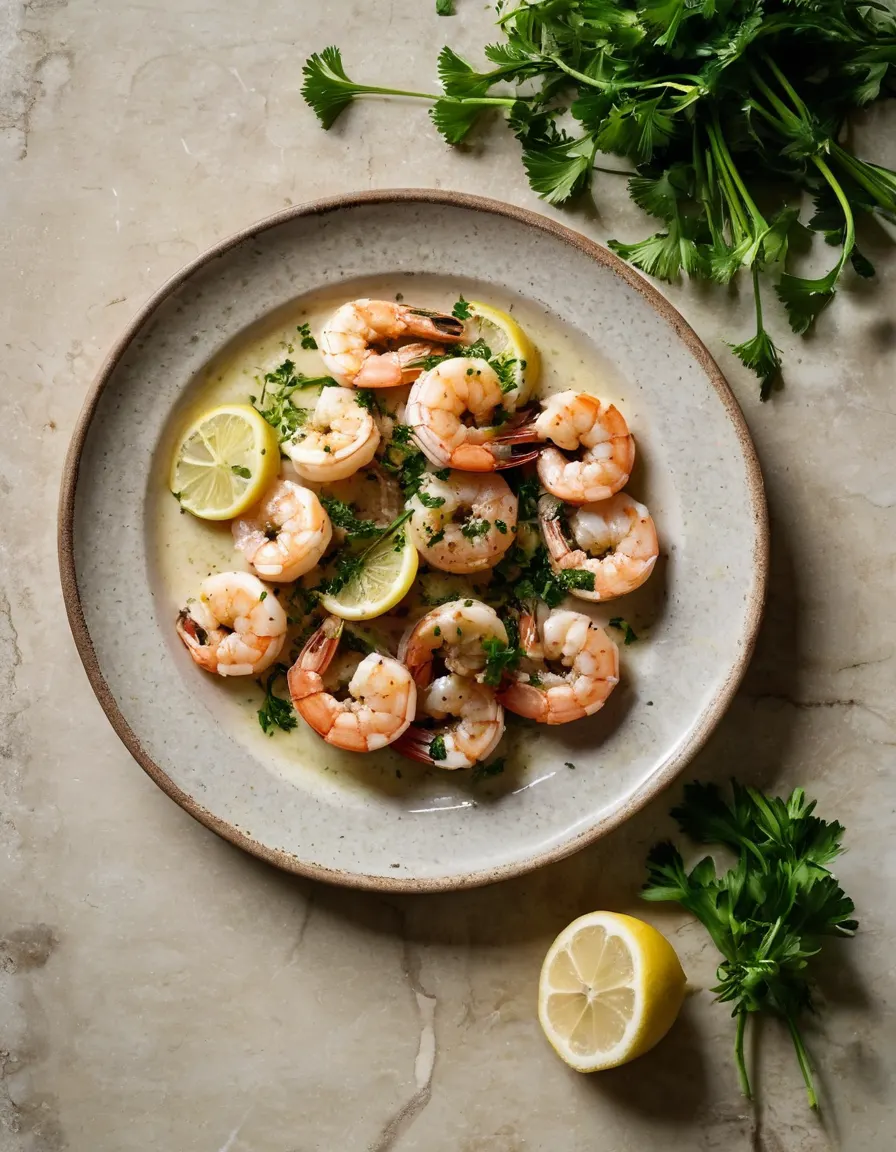 Garlic-butter shrimp with lemon in a skillet