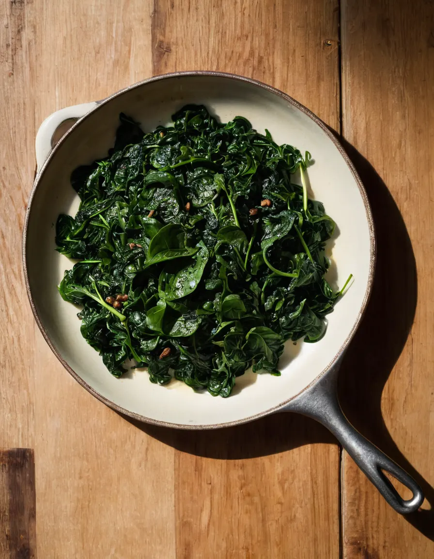 A skillet of garlicky sauteed spinach