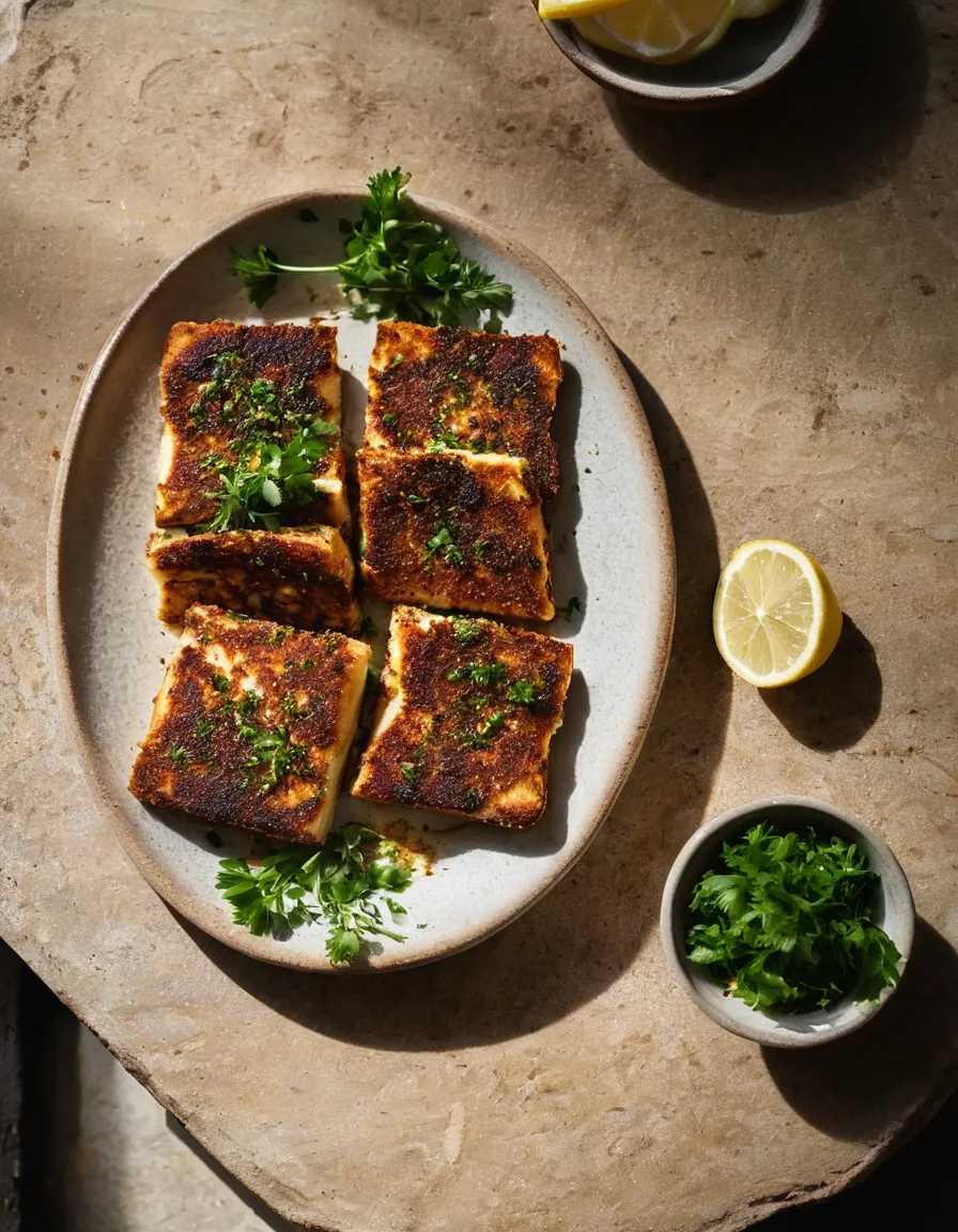 Seared harissa halloumi with lemon and cilantro