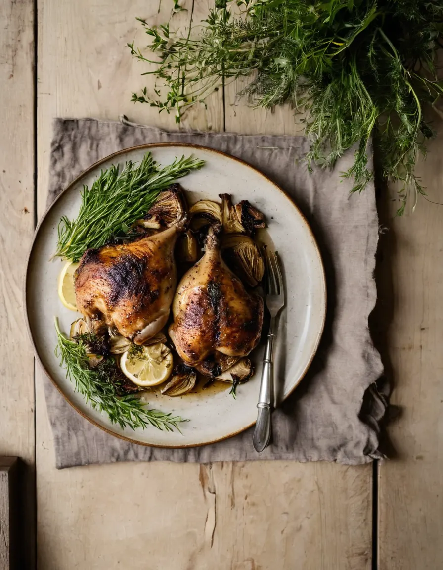 Roast chicken thighs with caramelized fennel wedges and lemon