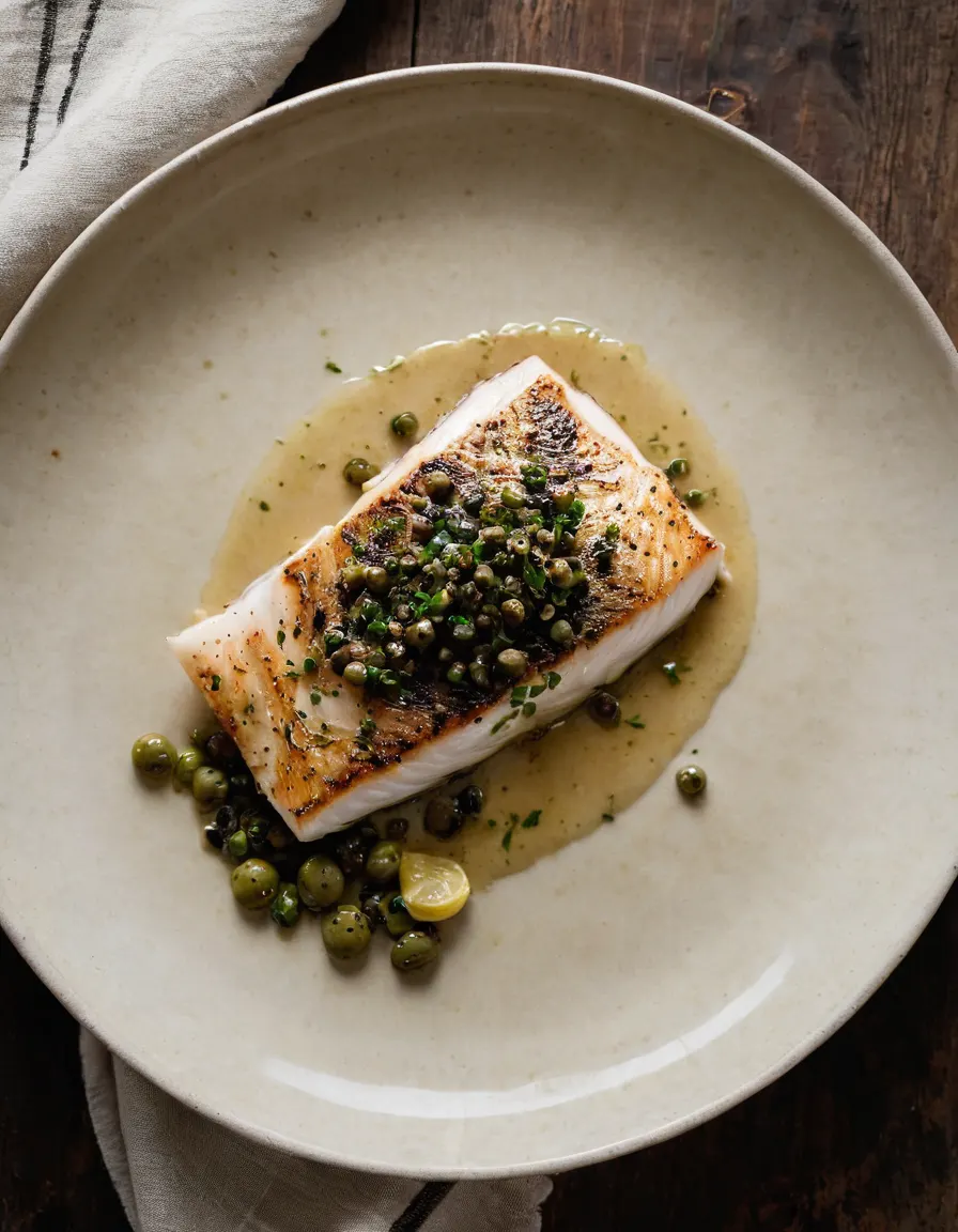 Pan-seared cod fillet with brown butter caper sauce