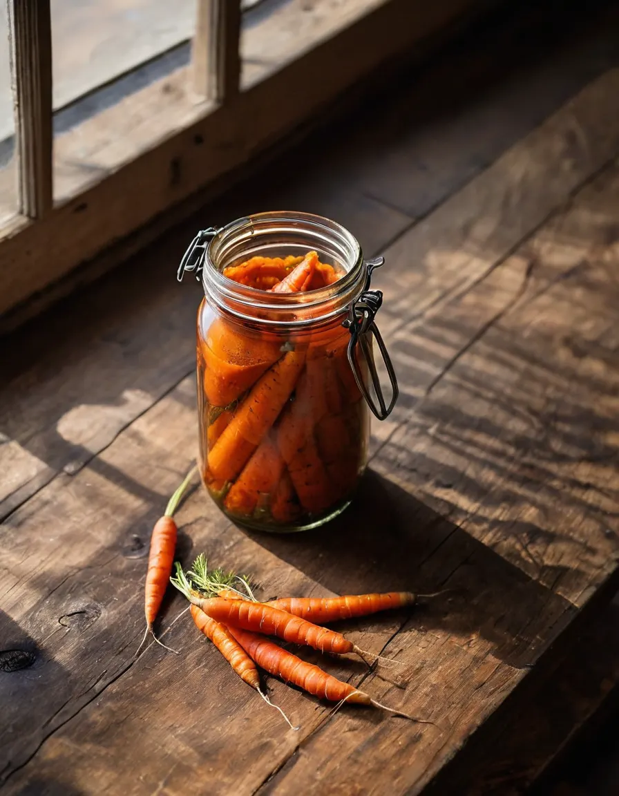 A jar of quick-pickled carrots with fresh carrots beside it