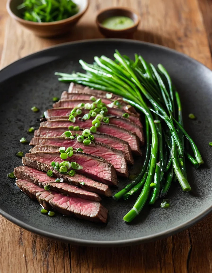 Sliced flat iron steak on a plate topped with a glistening ginger-scallion sauce