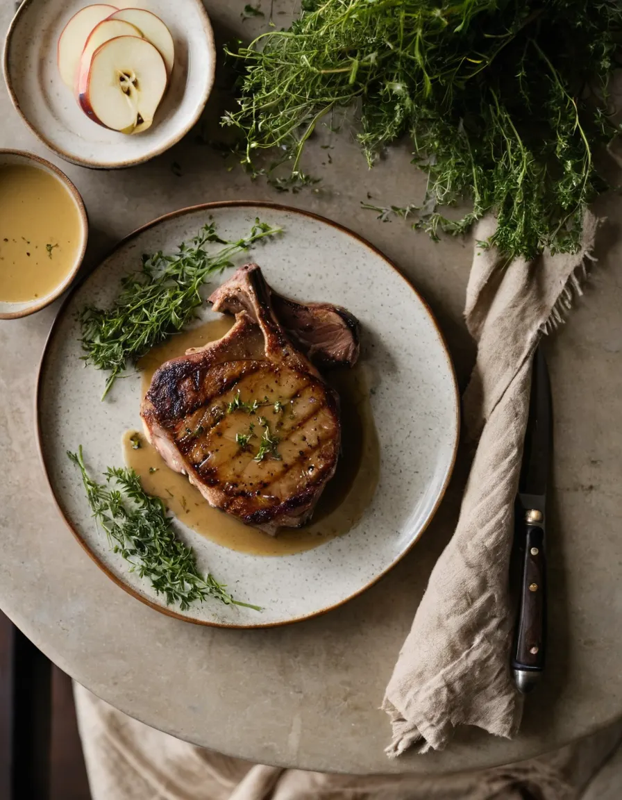 Seared pork chops with glossy apple-mustard pan sauce
