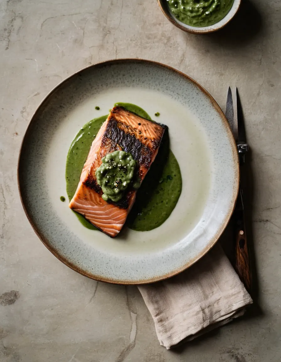Seared salmon fillet with charred-scallion green sauce