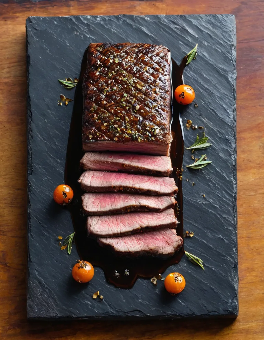 Sliced seared strip steak topped with blistered cherry tomato and balsamic pan sauce, garnished with torn basil, in a cast-iron skillet.
