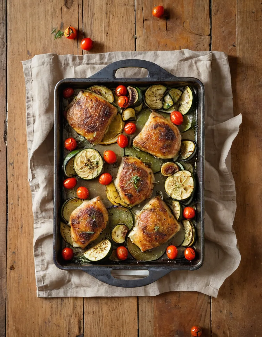 A sheet pan of crispy roasted chicken thighs surrounded by charred zucchini, blistered cherry tomatoes, and caramelized lemon slices.