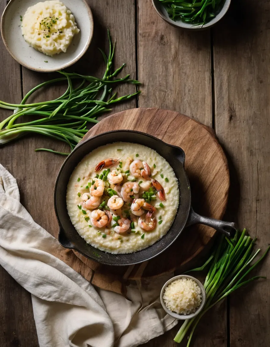A skillet of shrimp and creamy grits with scallions