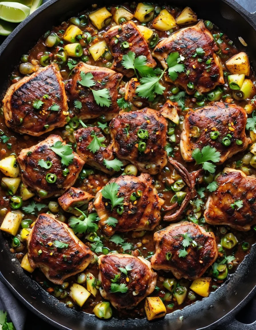 Seared jerk-spiced chicken thighs topped with charred pineapple salsa in a cast iron skillet