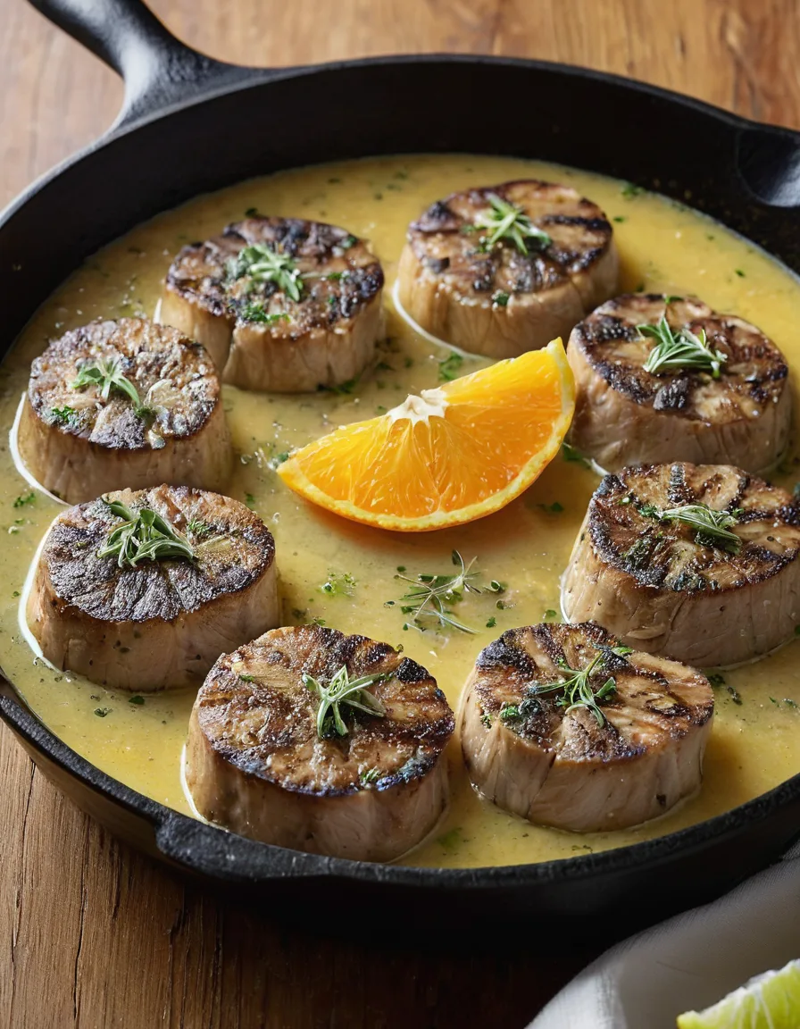Seared pork tenderloin medallions coated in a glossy garlic-citrus pan sauce in a cast iron skillet