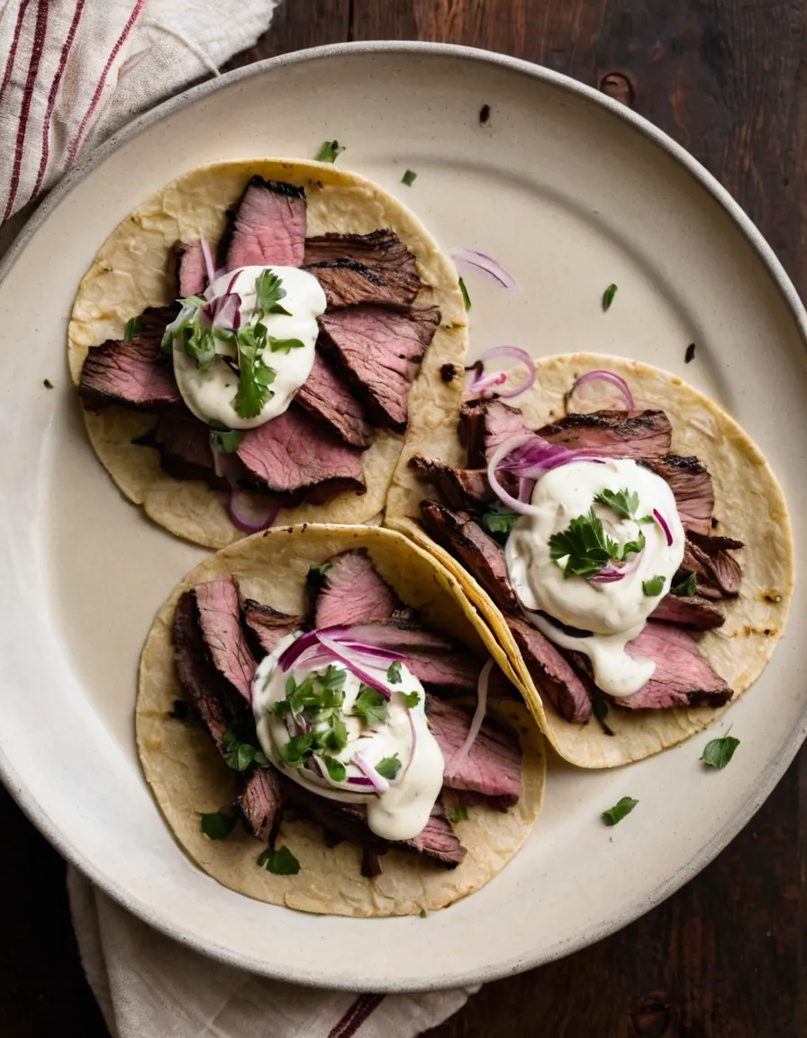 Steak tacos with lime crema and charred onion