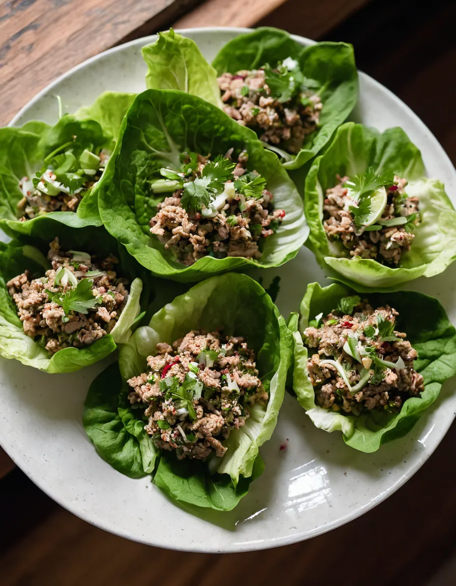 Thai turkey larb in lettuce cups with herbs and lime